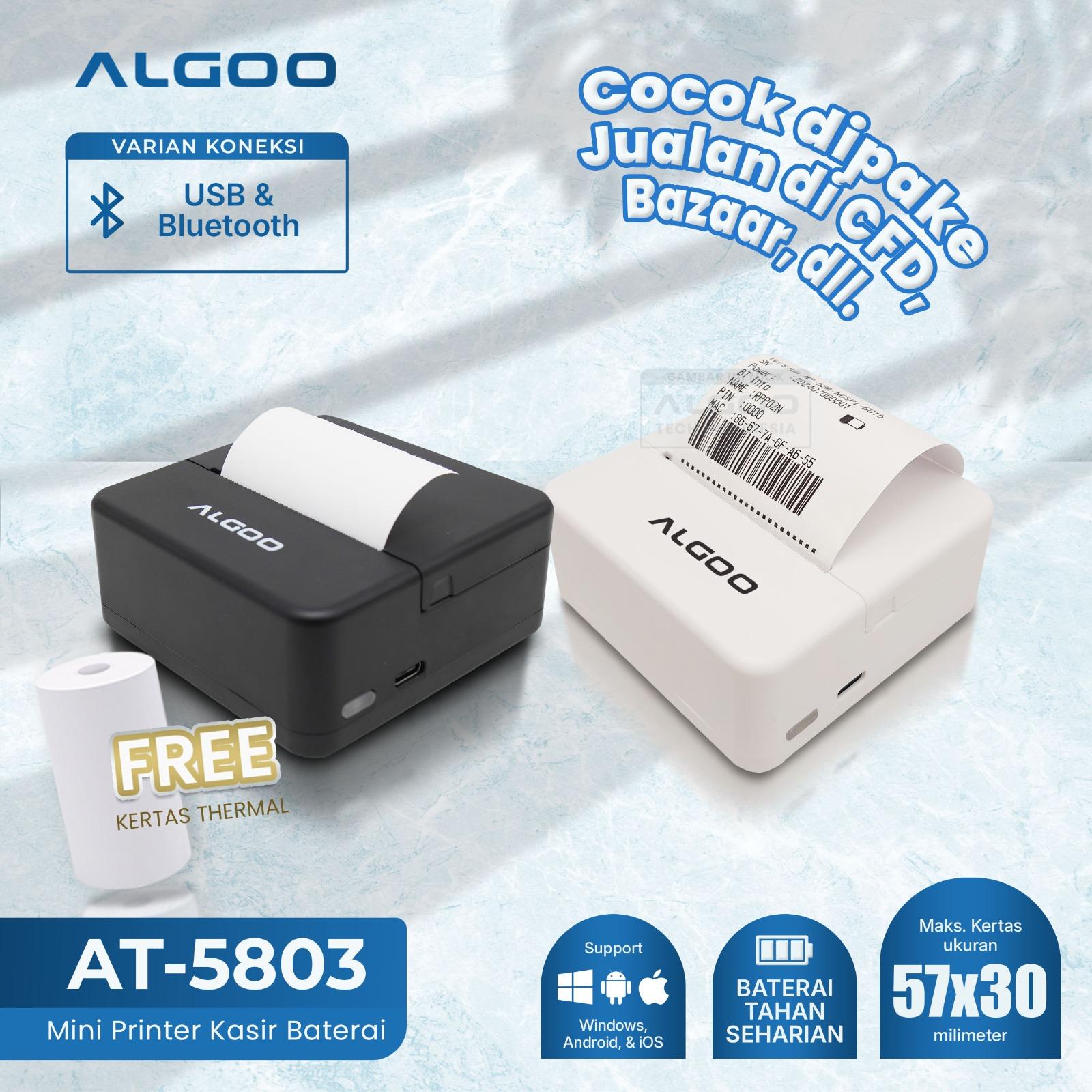 ALGOO AT-5803 Printer Struk Nota Thermal Bluetooth Tanpa Tinta - AT-5805 BLACK, TANPA KERTAS